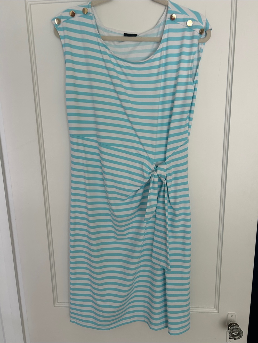 Talbots White and Aqua Striped Sleeveless Dress with Knot Detail